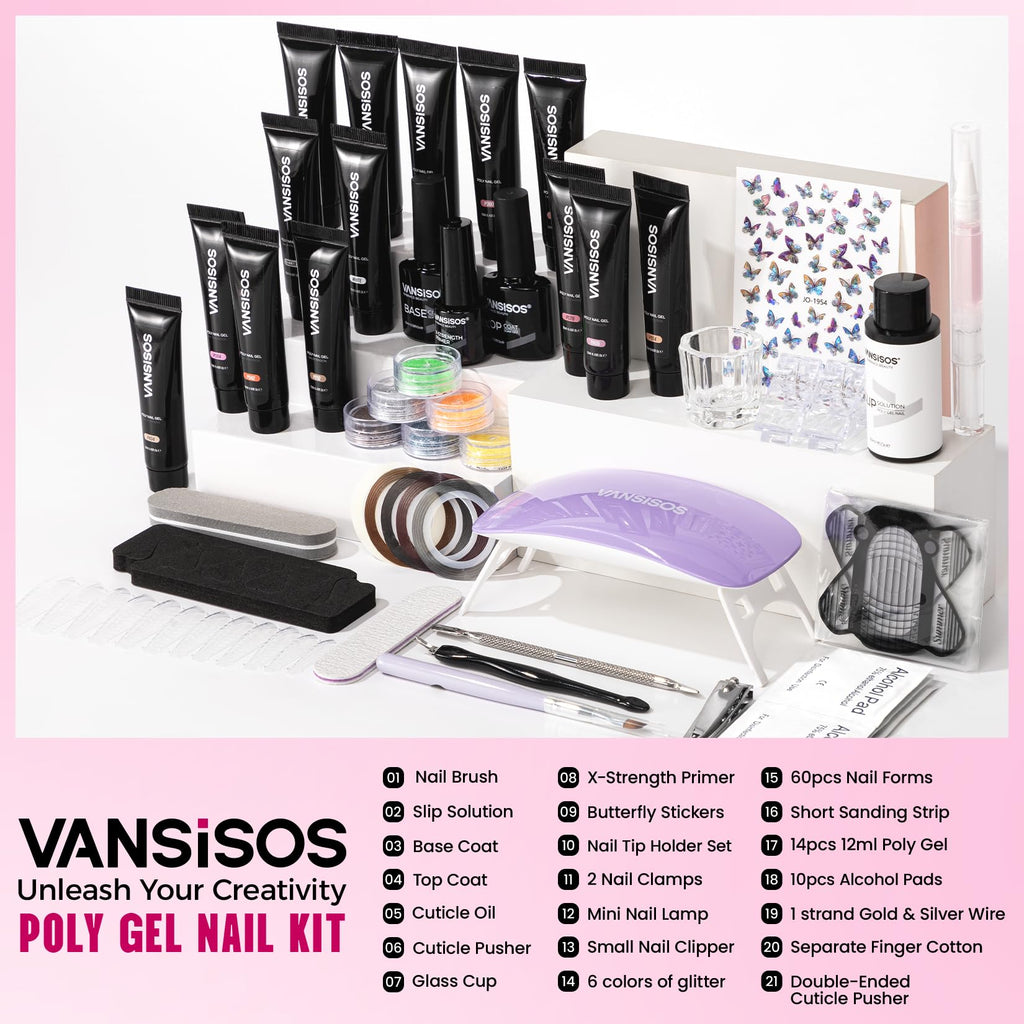 VANSISOS Poly Gel Nail Kit for Beginners - 14 Color Gel Nail Extension Set + UV Lamp