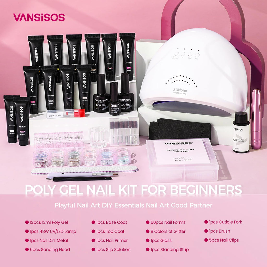 VANSISOS Poly Gel Nail Kit – 12 Colors with UV Light for Beginners
