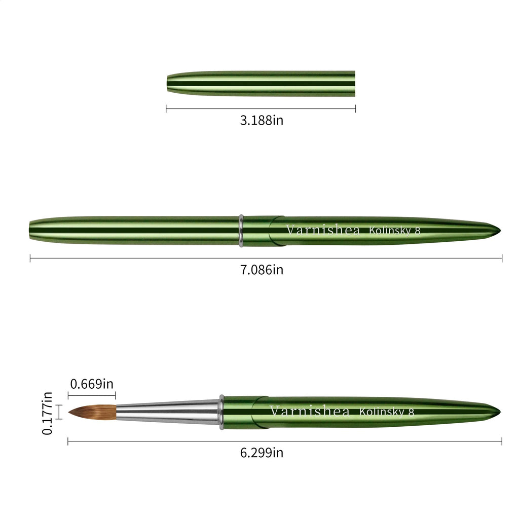 varnishea Kolinsky Hair Acrylic Nail Brush – Green Metal Handle, Size 8, 1.0 Count