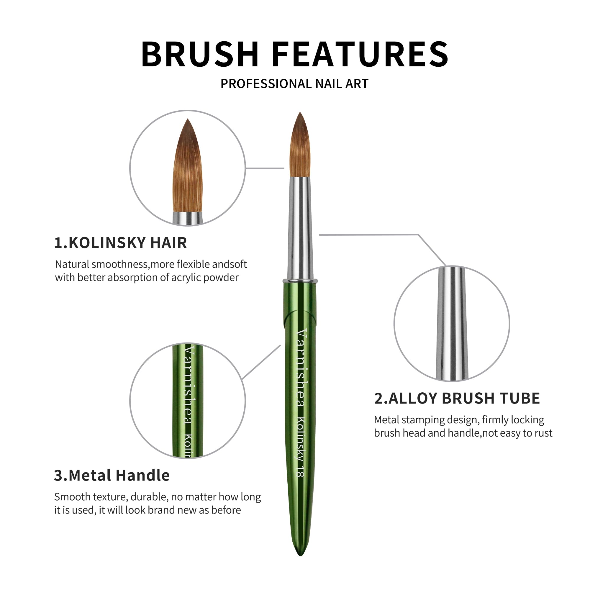 varnishea Kolinsky Hair Acrylic Nail Brush – Green Metal Handle, Size 8, 1.0 Count