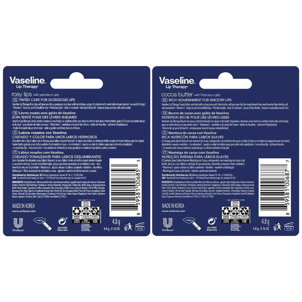 Vaseline Lip Therapy Variety 4-Pack – Cocoa Butter & Rosy Lips Balms with Vitamin E | 0.16 oz Each