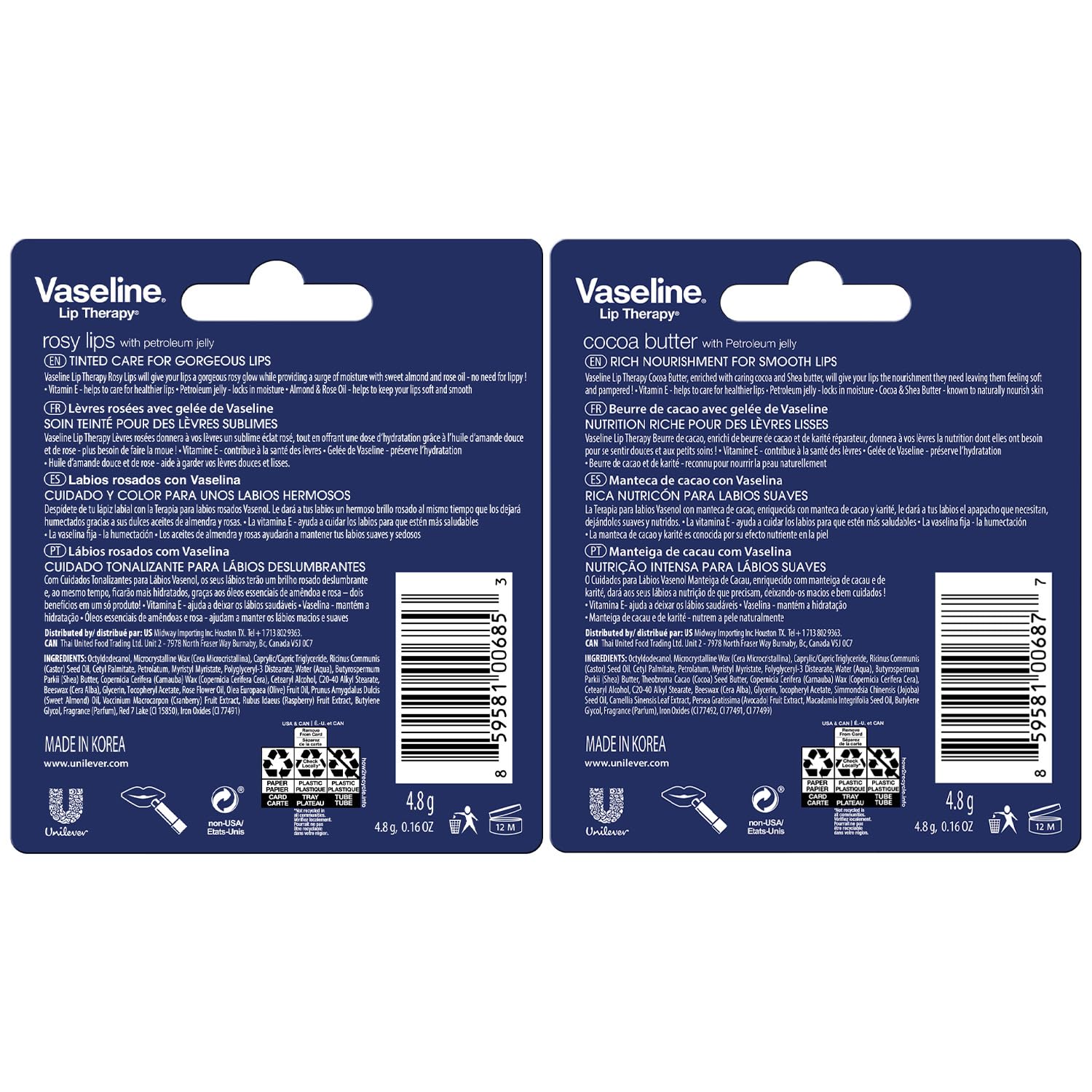 Vaseline Lip Therapy Variety 4-Pack – Cocoa Butter & Rosy Lips Balms with Vitamin E | 0.16 oz Each