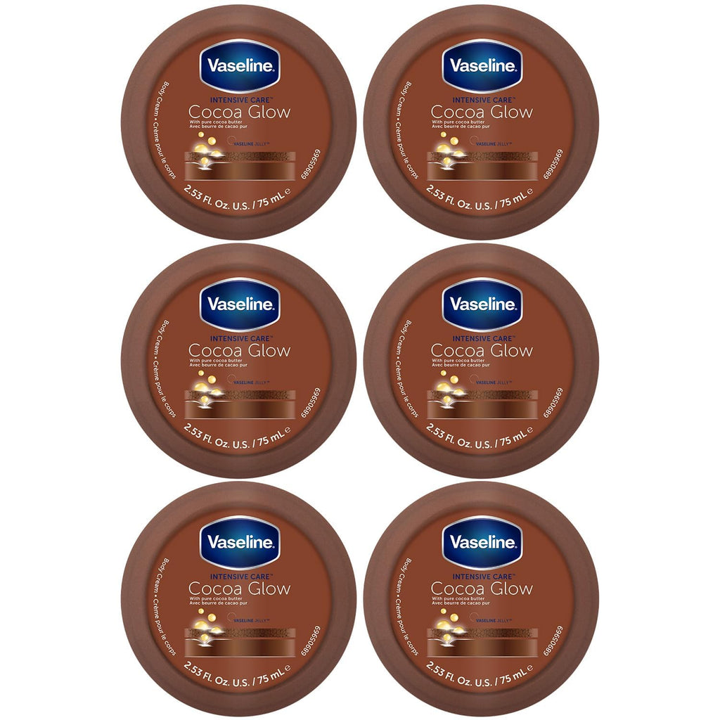 Vaseline Cocoa Glow Body Cream 6-Pack – 48H Moisture, Cocoa Butter & Vitamin E, Travel-Size 2.53 fl oz Each