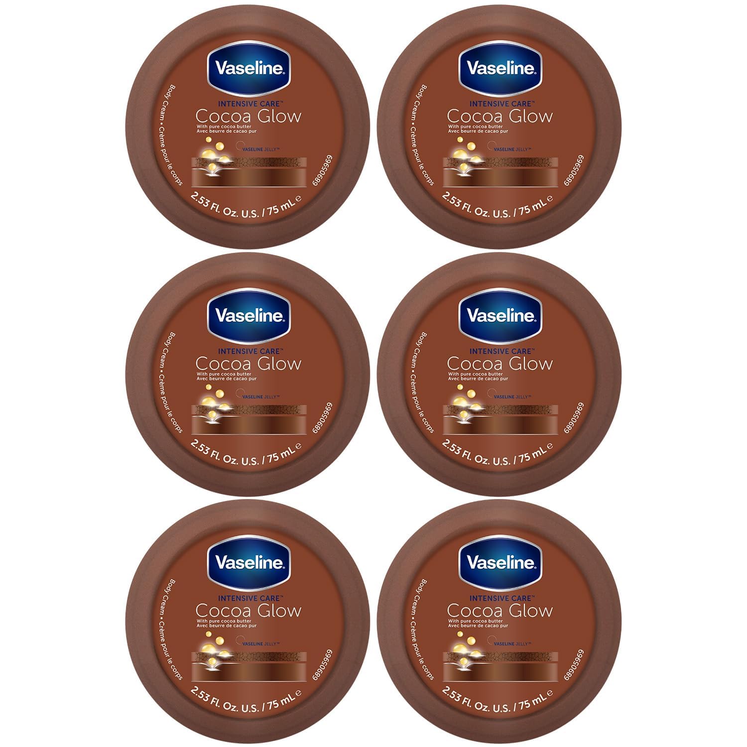 Vaseline Cocoa Glow Body Cream 6-Pack – 48H Moisture, Cocoa Butter & Vitamin E, Travel-Size 2.53 fl oz Each