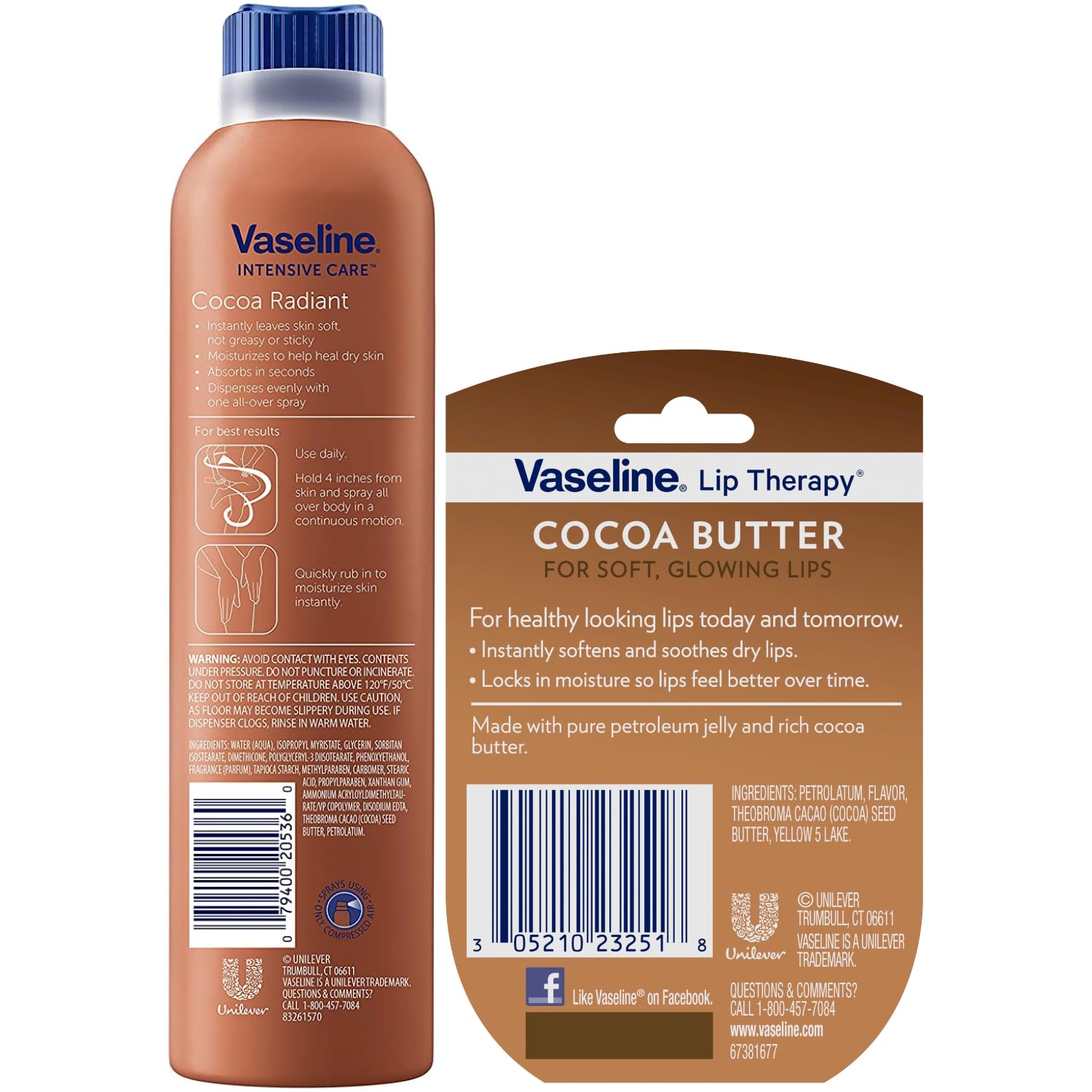 Vaseline Cocoa Radiant Spray Body Lotion 2-Pack + Mini Lip Therapy – Soft, Glowing Skin & Lips