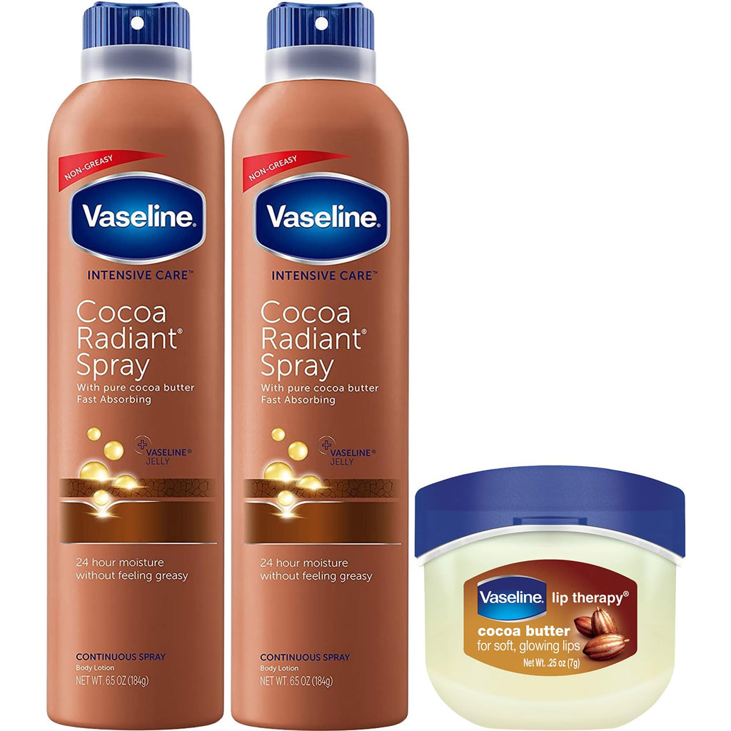 Vaseline Cocoa Radiant Spray Body Lotion 2-Pack + Mini Lip Therapy – Soft, Glowing Skin & Lips