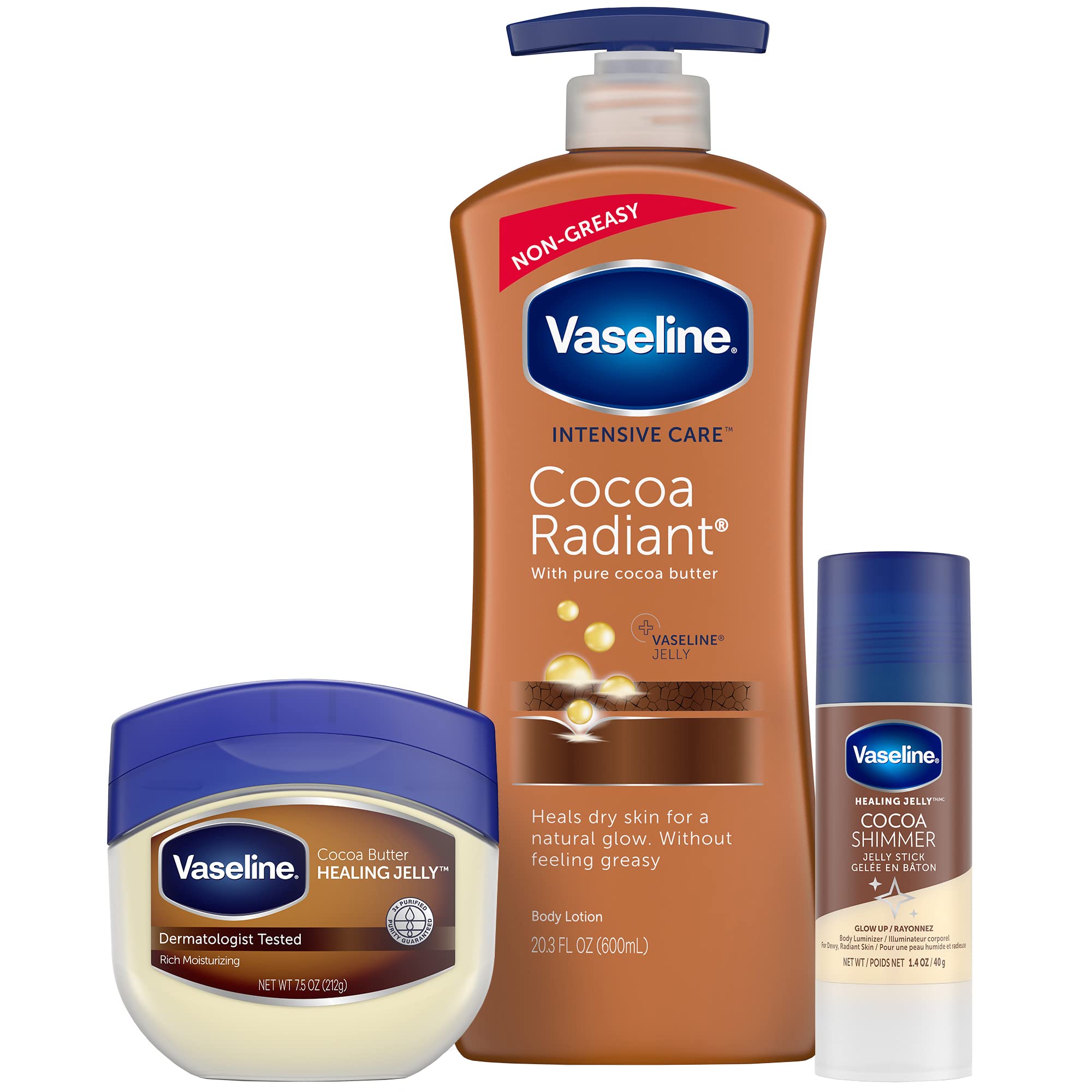 Vaseline Cocoa Radiant Lotion Bundle – 20.3 oz Lotion, Healing Jelly Cocoa Butter, and Cocoa Shimmer Jelly Stick