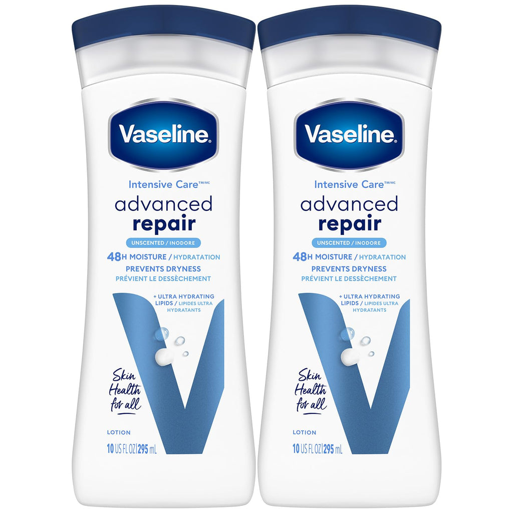 Vaseline Intensive Care Lotion Unscented – Advanced Repair 2-Pack, Non-Greasy Moisturizer