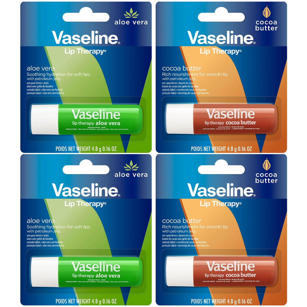 Vaseline Lip Therapy 4-Pack – Cocoa Butter & Aloe Vera Lip Balm with Vitamin E