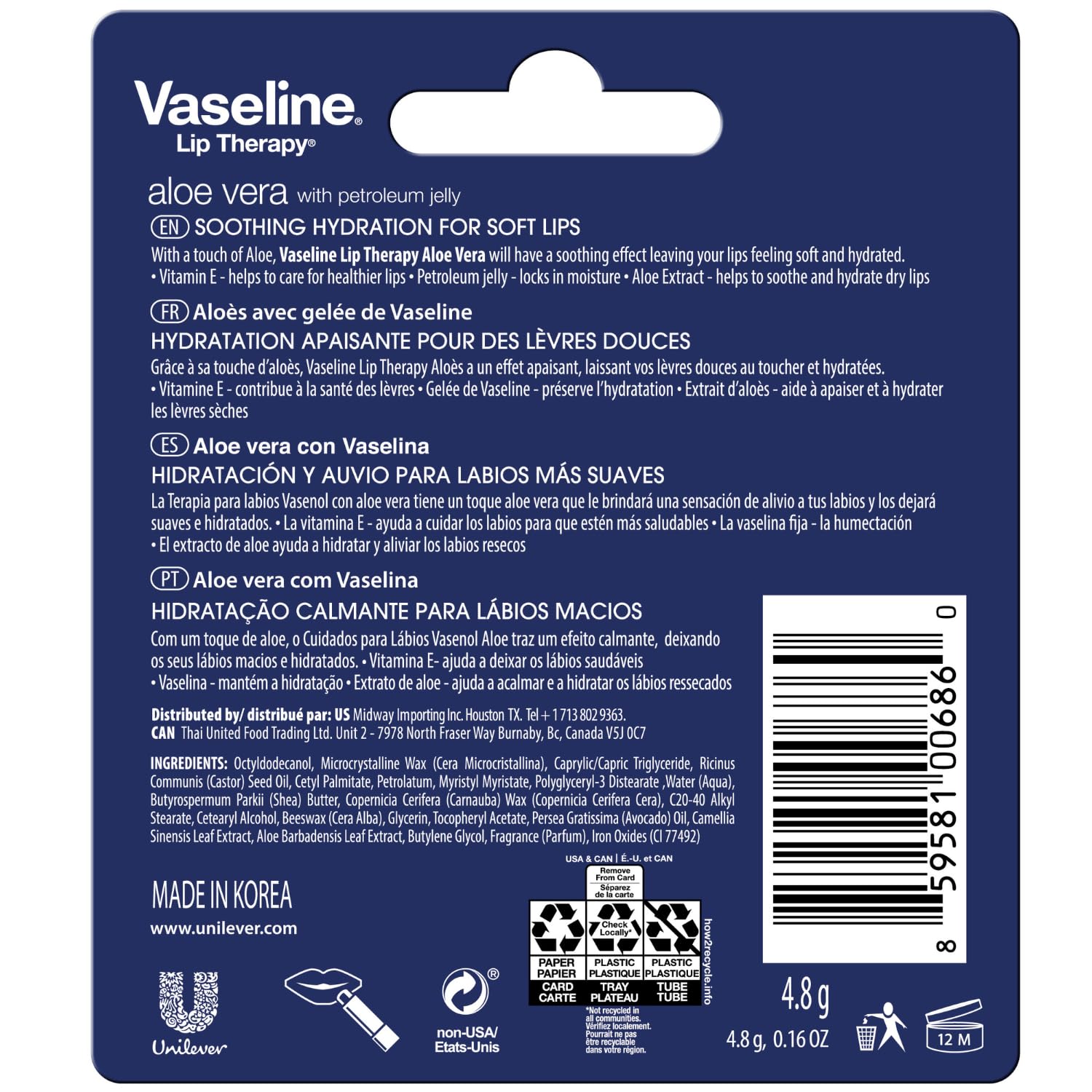 Vaseline Lip Therapy Aloe Fresh 12-Pack – Moisturizing Lip Balm for Very Dry Lips, 0.16 oz Each