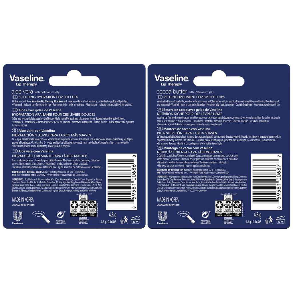 Vaseline Lip Therapy 4-Pack – Cocoa Butter & Aloe Vera Lip Balm with Vitamin E