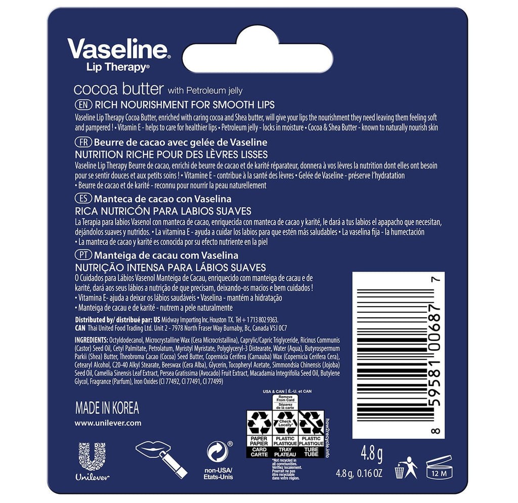 Vaseline Lip Therapy Cocoa Butter Lip Balm – 6 Pack, 0.16 oz Each