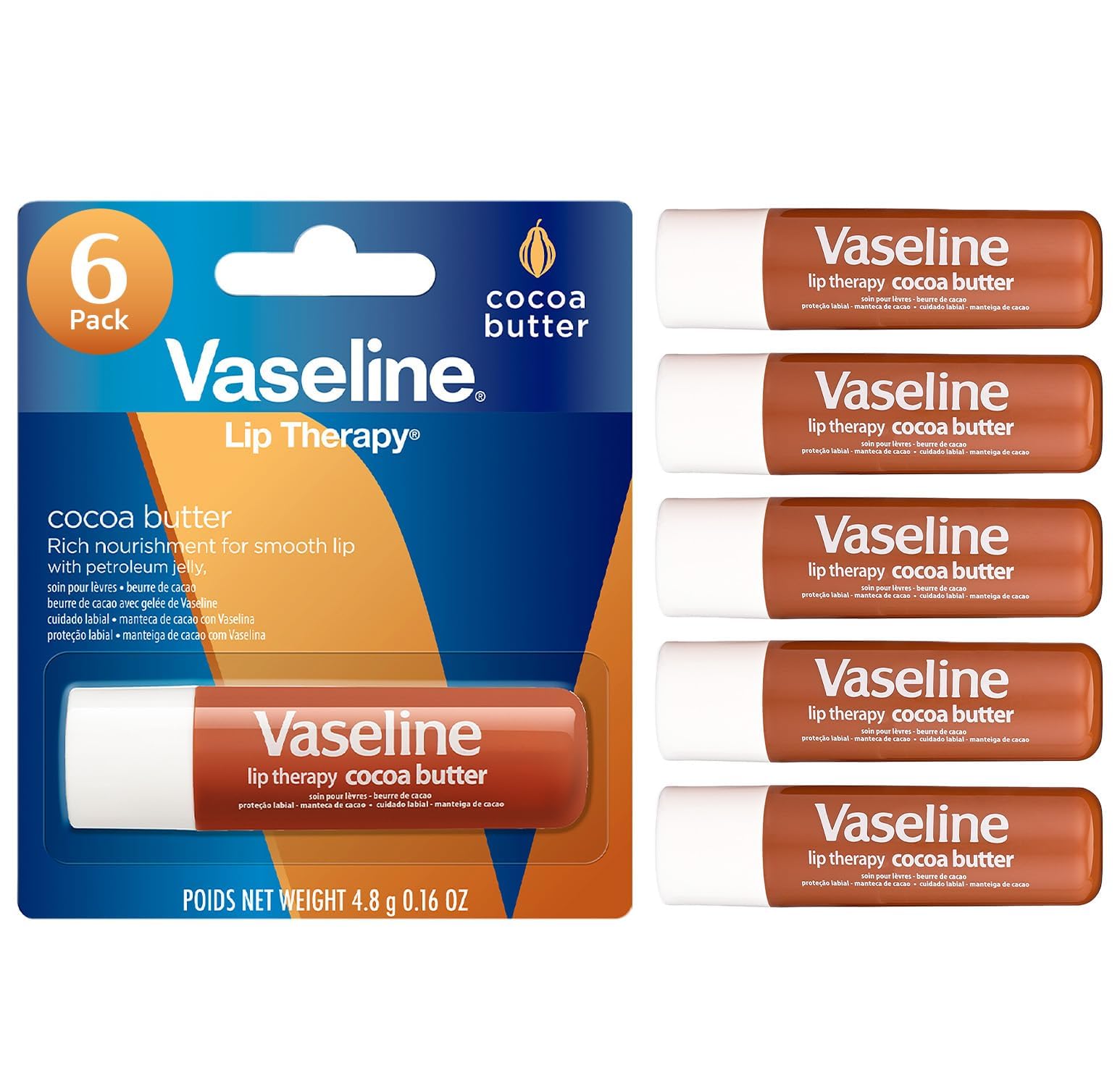 Vaseline Lip Therapy Cocoa Butter Lip Balm – 6 Pack, 0.16 oz Each