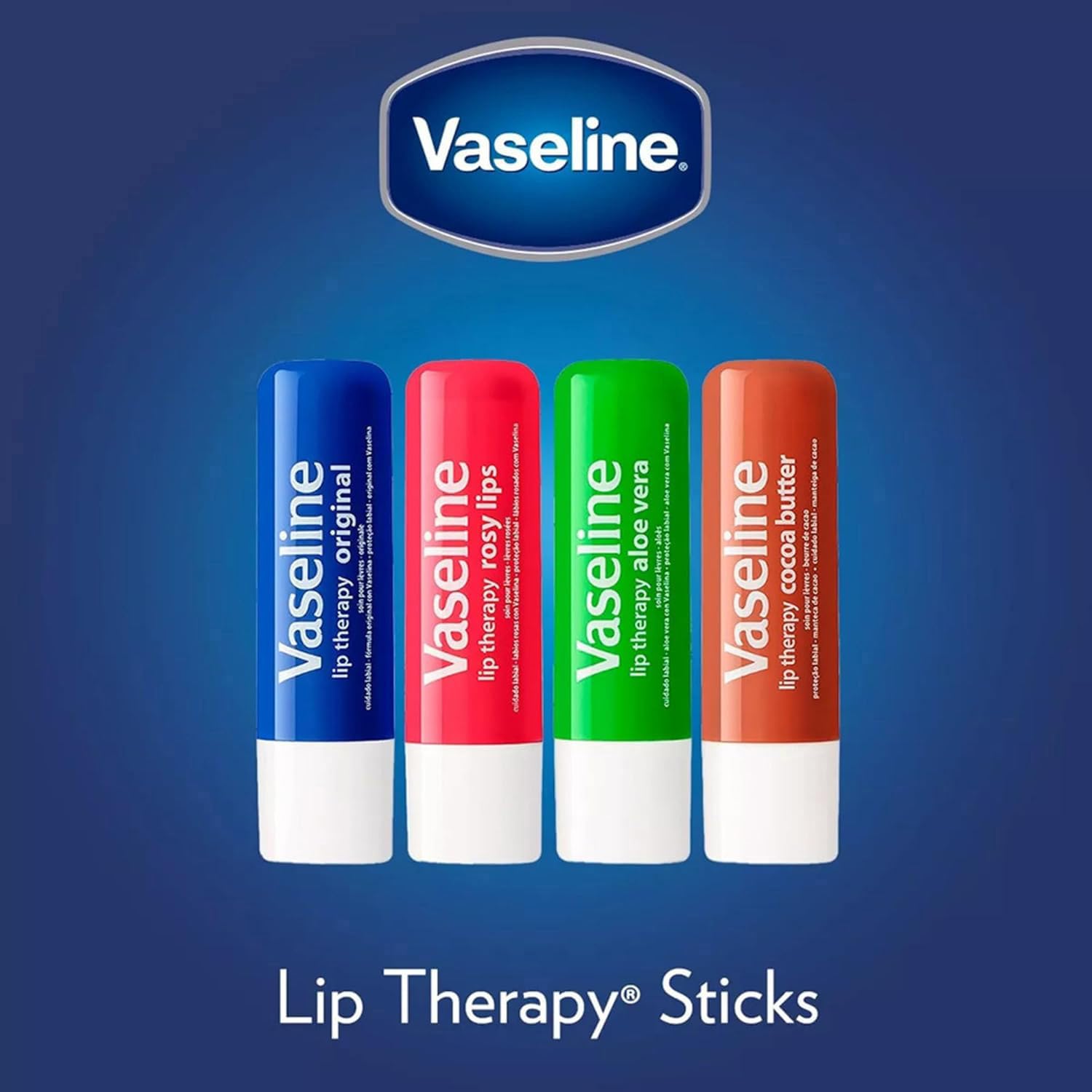 Vaseline Lip Therapy 4-Pack – Cocoa Butter & Aloe Vera Lip Balm with Vitamin E