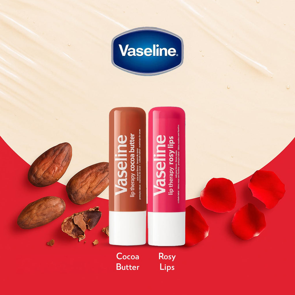 Vaseline Lip Therapy Variety 4-Pack – Cocoa Butter & Rosy Lips Balms with Vitamin E | 0.16 oz Each