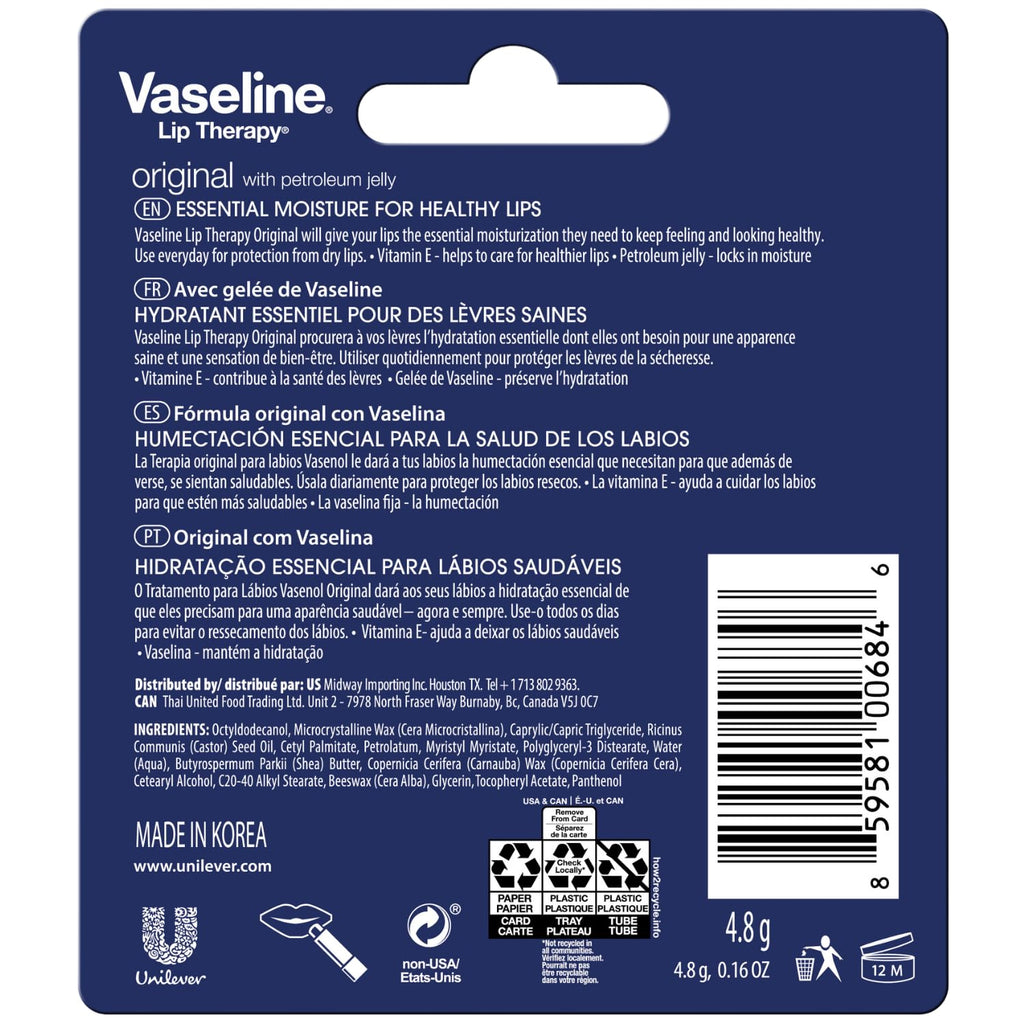 Vaseline Lip Therapy Original 8-Pack – Bulk Lip Balm for Dry Lips