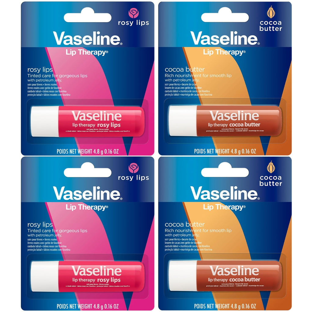 Vaseline Lip Therapy Variety 4-Pack – Cocoa Butter & Rosy Lips Balms with Vitamin E | 0.16 oz Each