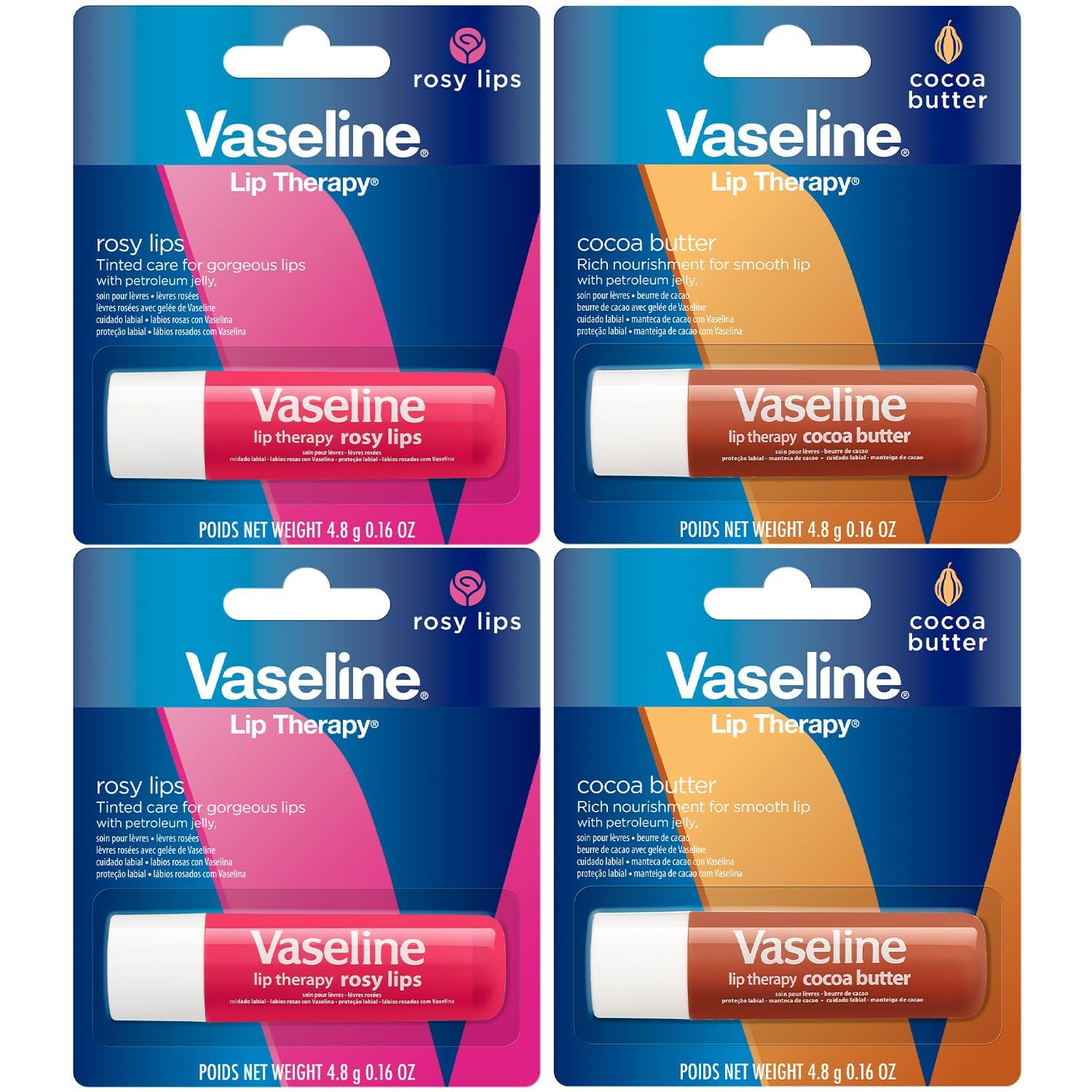 Vaseline Lip Therapy Variety 4-Pack – Cocoa Butter & Rosy Lips Balms with Vitamin E | 0.16 oz Each
