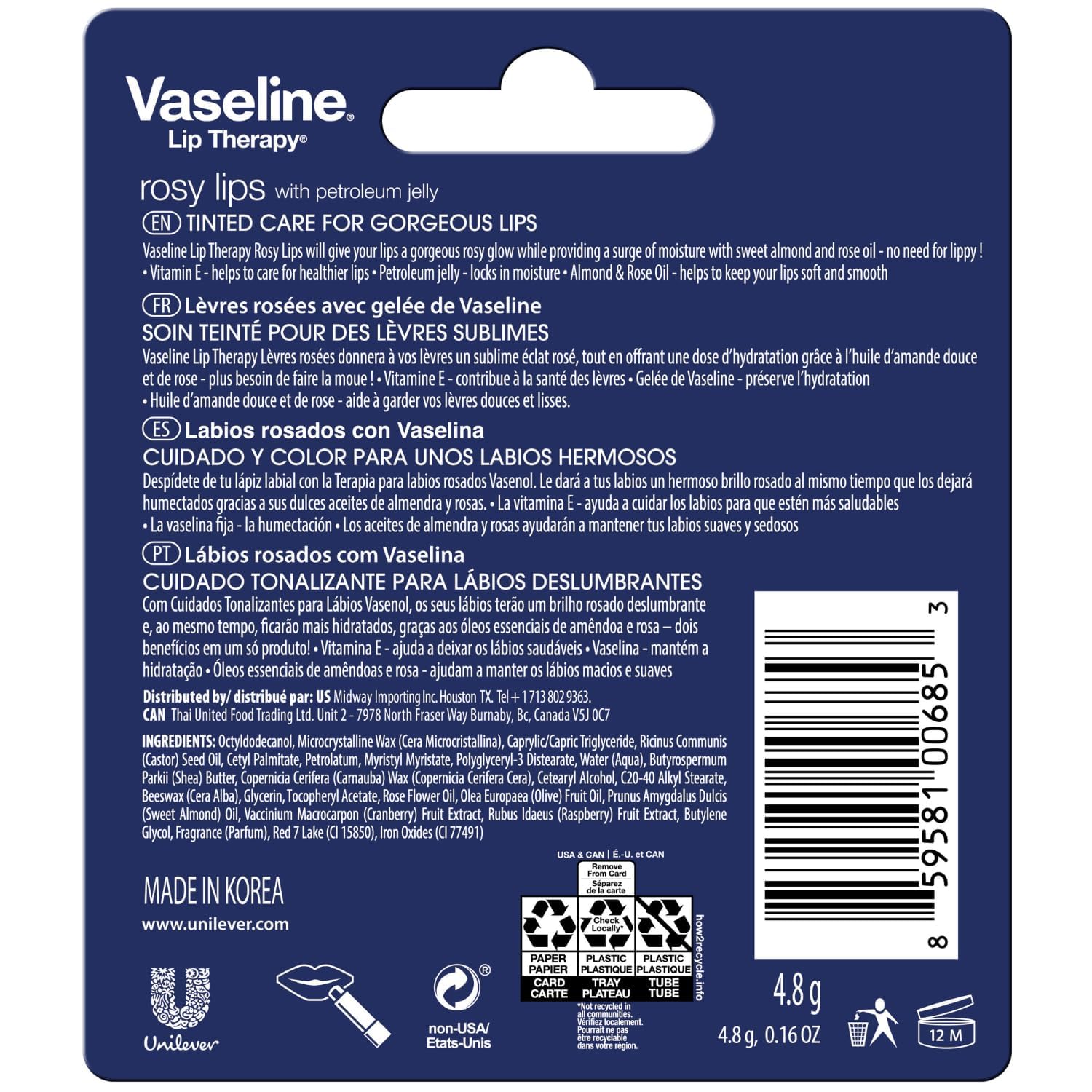 Vaseline Lip Therapy Rosy Lips 12-Pack – Rosy Lip Balm for Dry Lips (0.16 oz Each)