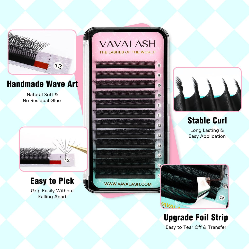 VAVALASH 7D W Shape Eyelash Extensions – Premade Fans, 0.07 D Curl, Matte Black