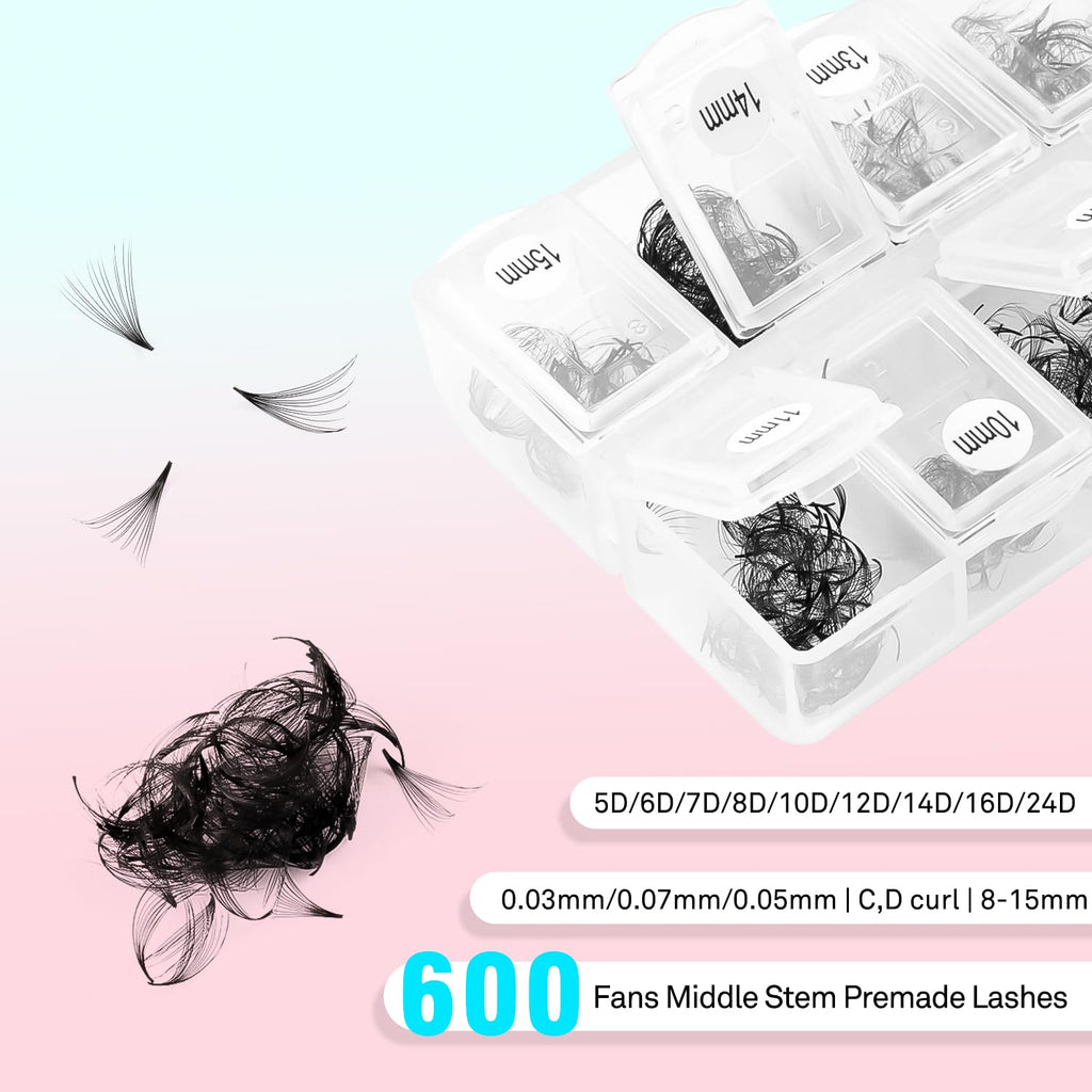 VAVALASH 600 Premade Lash Fans 8-15mm | 0.03-0.07mm | C/D Curl | 5D-16D