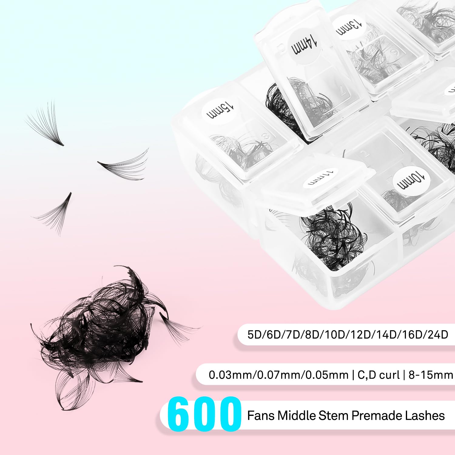 VAVALASH 600 Premade Lash Fans 8-15mm | 0.03-0.07mm | C/D Curl | 5D-16D