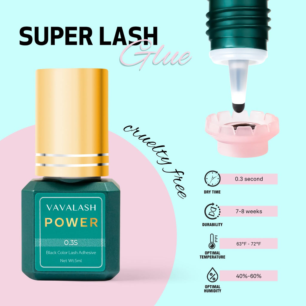 VAVALASH Power Eyelash Extension Glue – 0.3s Dry, Up to 9 Weeks, Black, 5ml