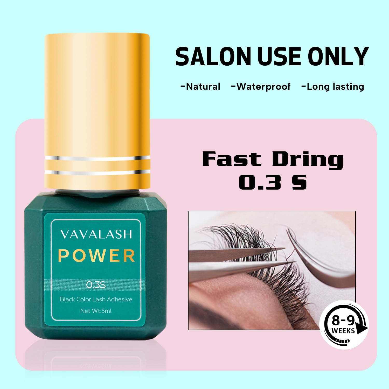 VAVALASH Power Eyelash Extension Glue – 0.3s Dry, Up to 9 Weeks, Black, 5ml