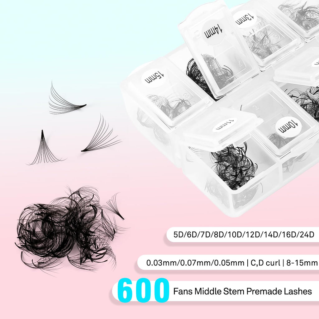 VAVALASH 600 Fans Premade Loose Fans for Volume Lash Extensions – Promade 5D-24D, 0.03, Thin Base, 8–15mm