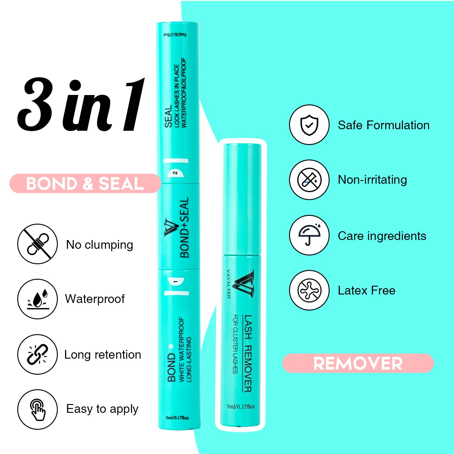 VAVALASH 3 in 1 Lash Bond and Seal – DIY Cluster Glue & Remover (Black)