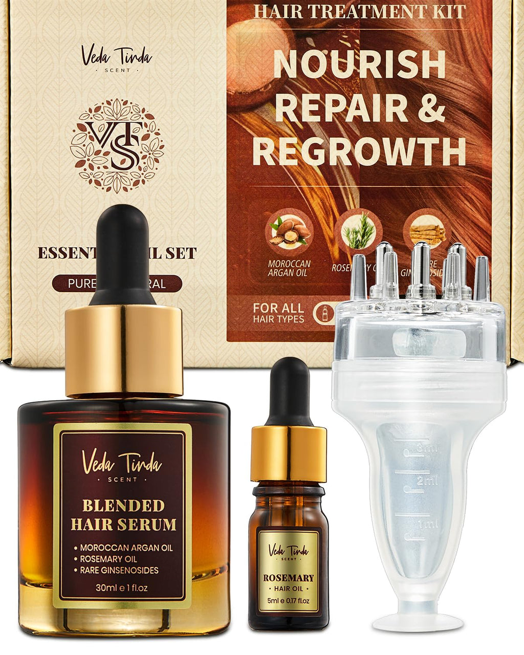 Hair Care Essential Set | Scalp Massager, Argan Rosemary Serum | VEDA TINDA SCENT