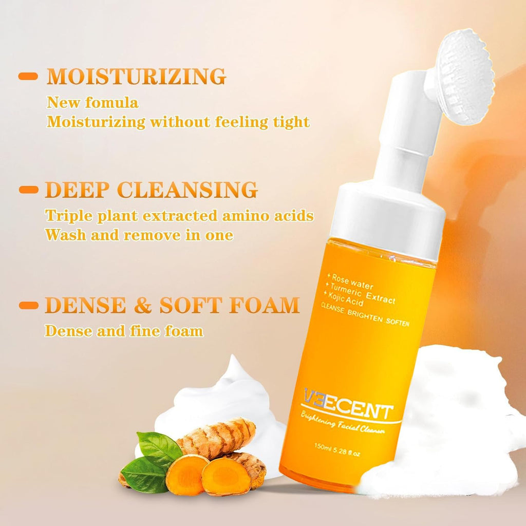VEECENT Turmeric & Kojic Acid Brightening Foaming Cleanser | Hydrating Facial Cleanser for All Skin Types