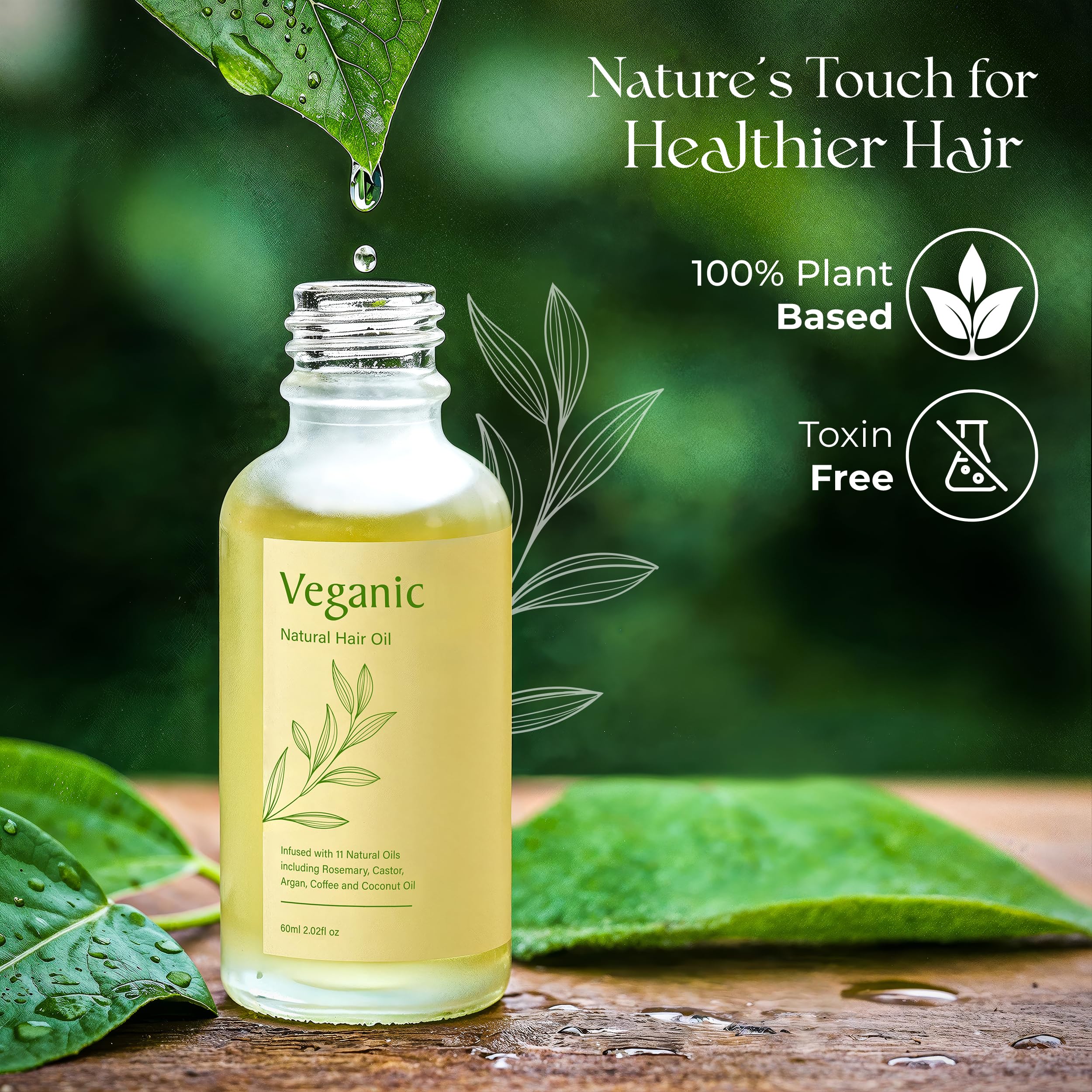 Veganic Hair Growth Oil for Women — 11 Botanicals, Non-GMO, 30-Day Supply