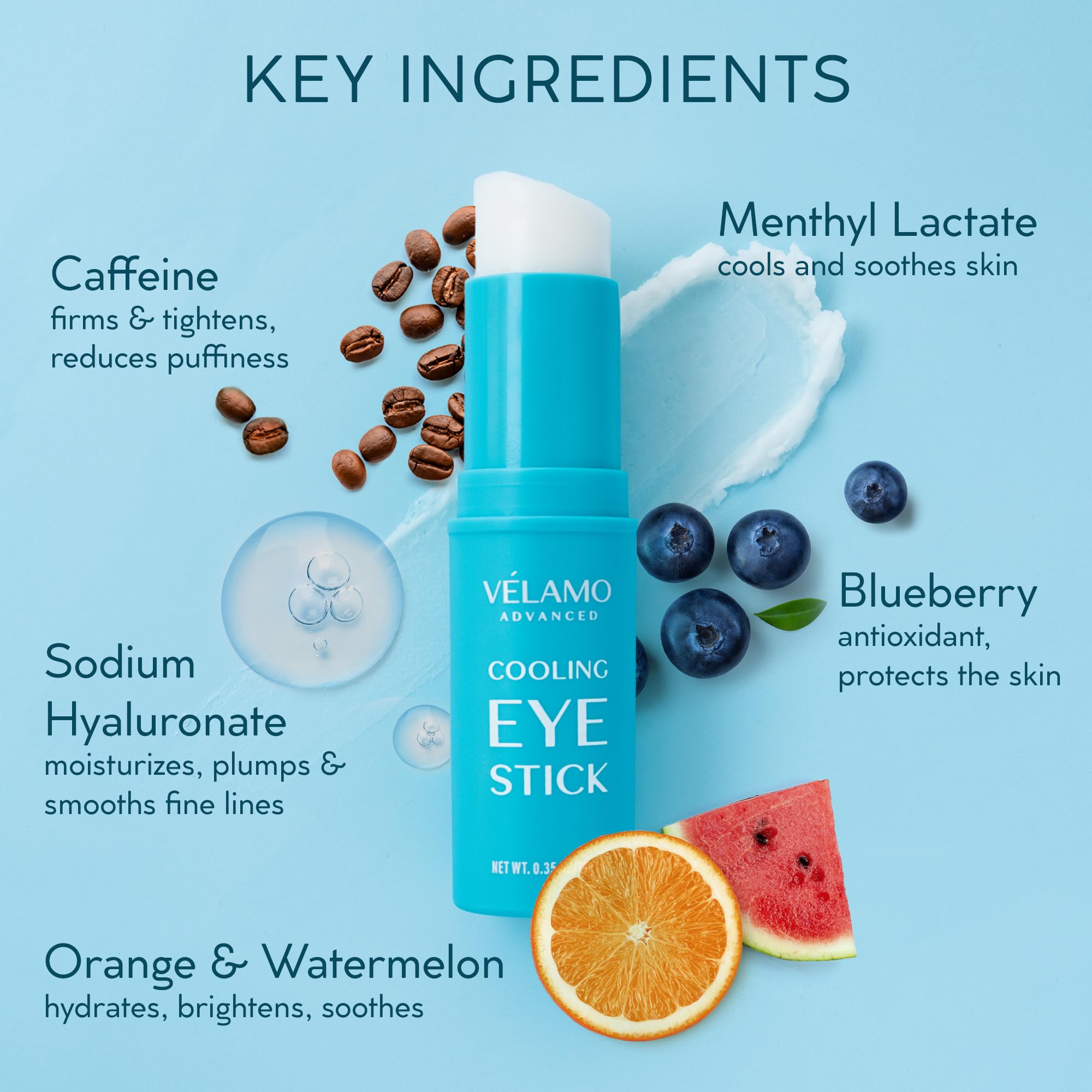 VELAMO ADVANCED Cooling Eye Balm Stick with Caffeine – Hyaluronic Acid for Hydration & Brightening (0.35 oz)