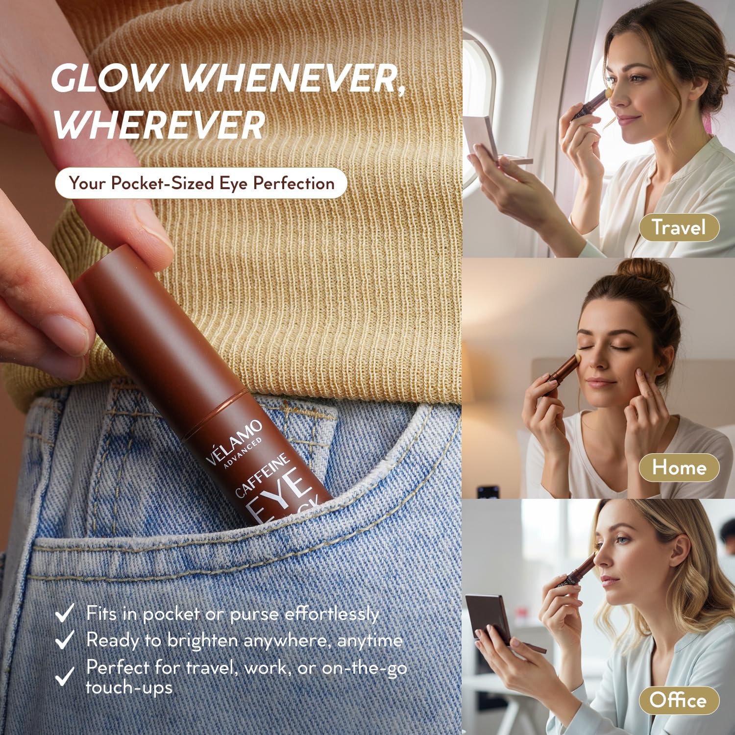VELAMO ADVANCED Caffeine Eye Stick – Energizing Under-Eye Balm for Dark Circles & Puffiness | Travel-Size, 2 Pcs