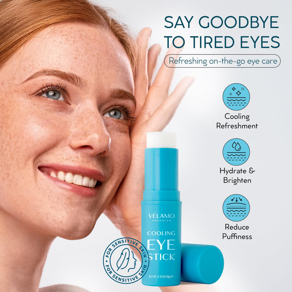 VELAMO ADVANCED Cooling Eye Balm Stick with Caffeine – Hyaluronic Acid for Hydration & Brightening (0.35 oz)