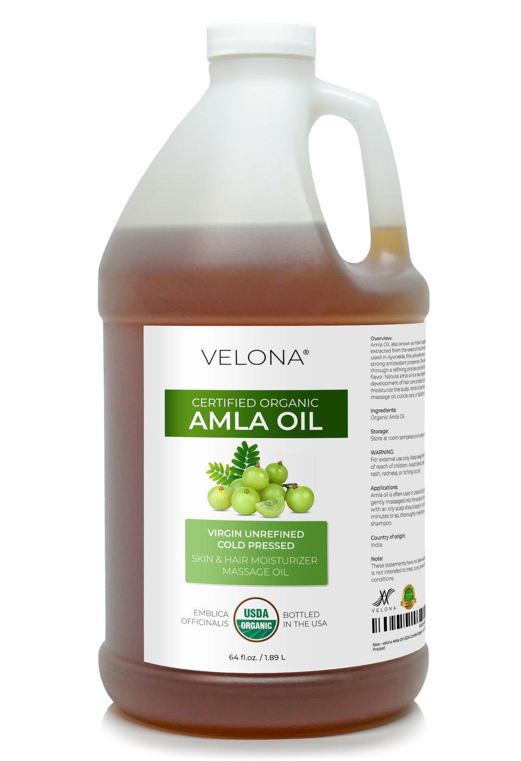 Velona Amla Oil USDA Organic - 64oz Cold-Pressed, 100% Pure & Natural Carrier Oil
