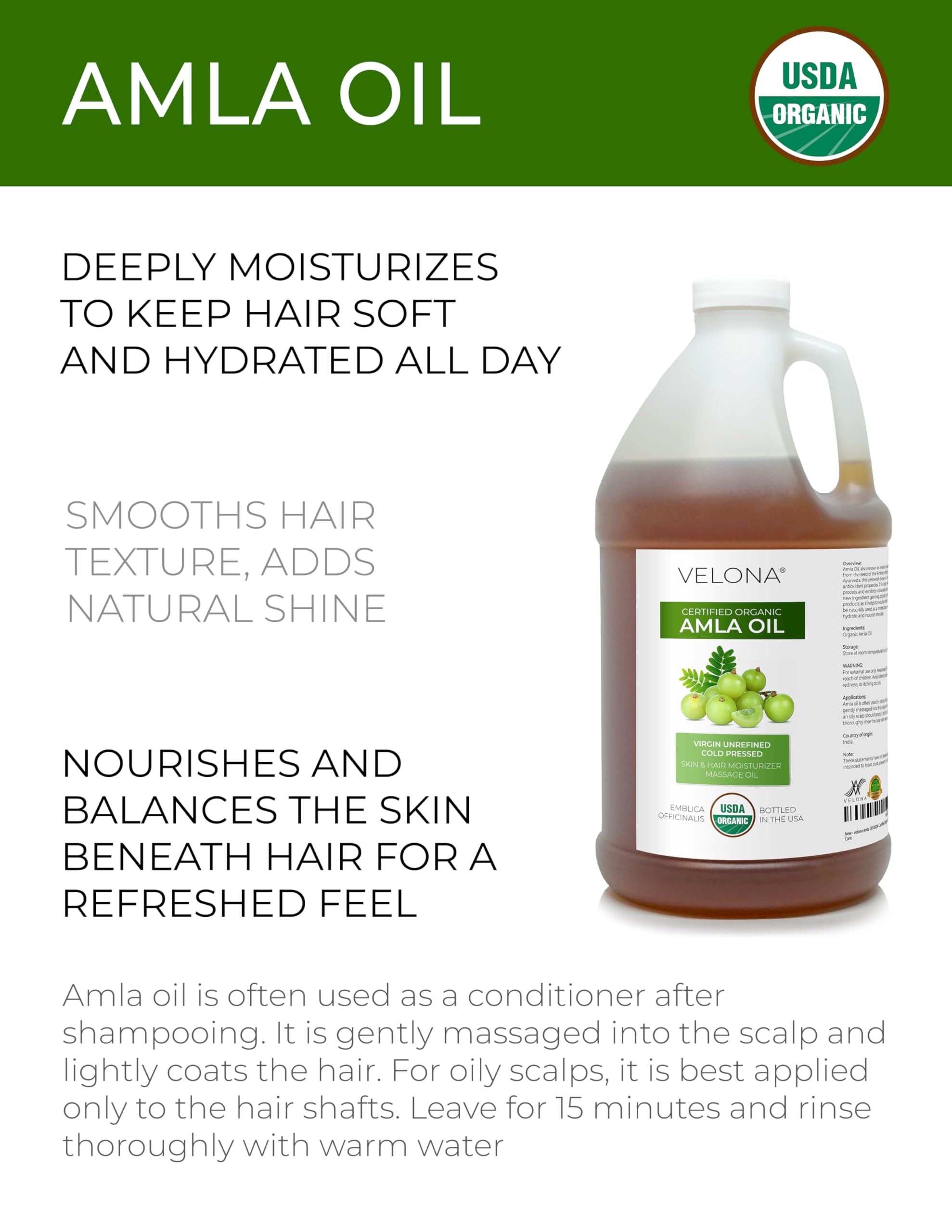 Velona Amla Oil USDA Organic - 64oz Cold-Pressed, 100% Pure & Natural Carrier Oil