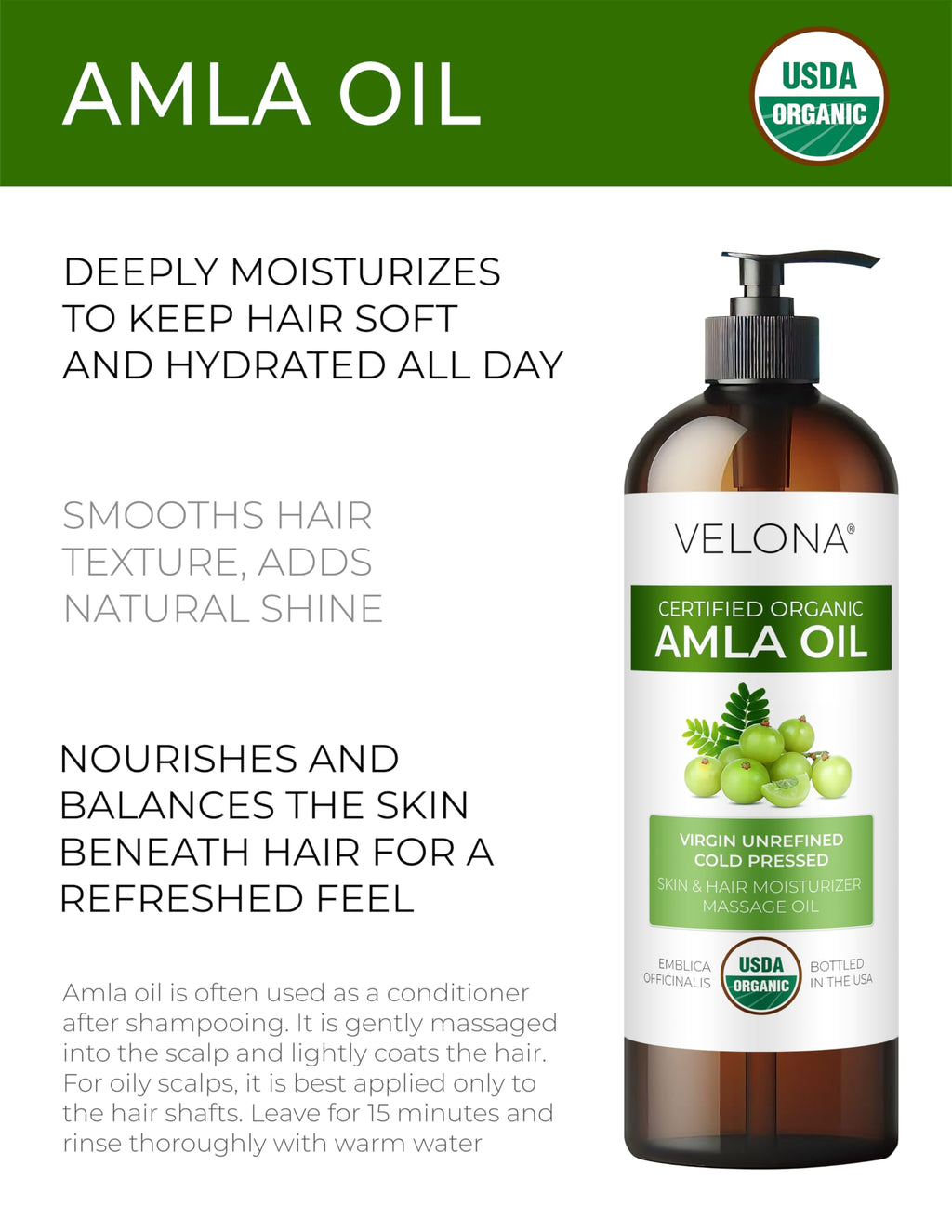Velona Amla Oil USDA Organic - 16 Fl Oz | 100% Pure, Extra Virgin Cold-Pressed Carrier Oil