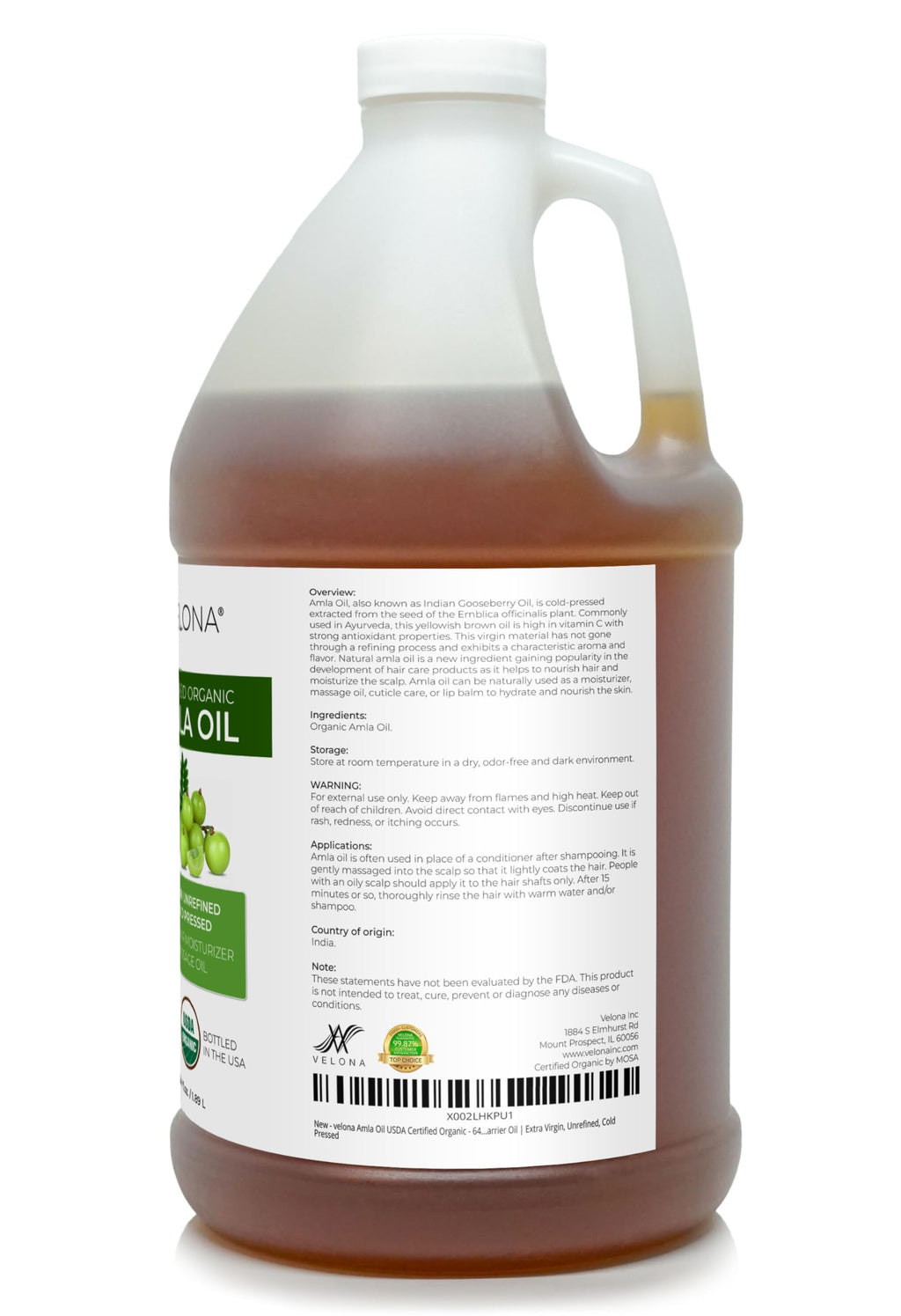 Velona Amla Oil USDA Organic - 64oz Cold-Pressed, 100% Pure & Natural Carrier Oil