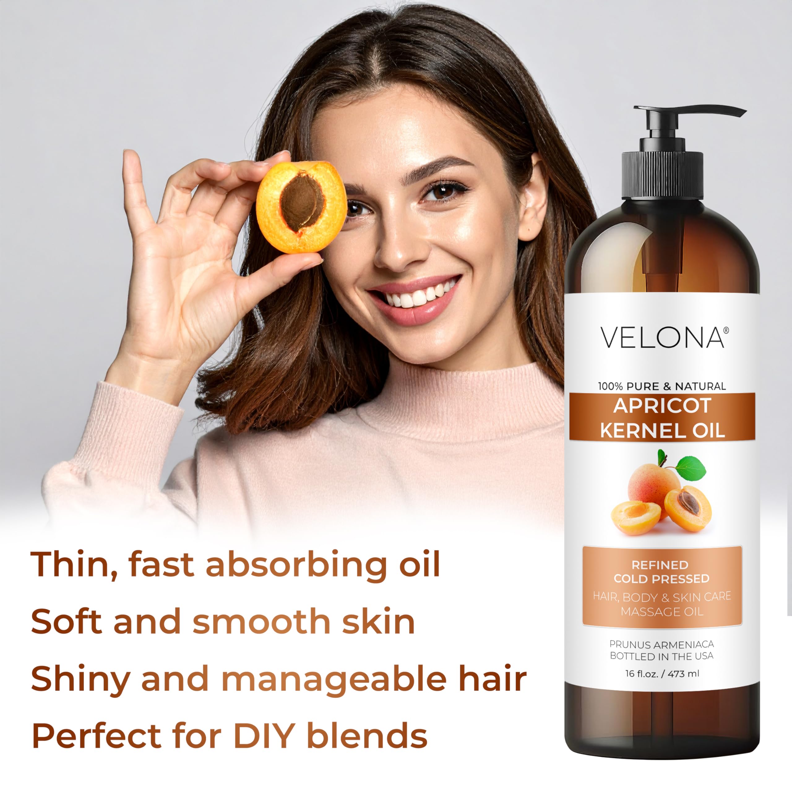 Velona Apricot Kernel Oil 32 oz — Pure Carrier Oil for Hair, Skin, Body