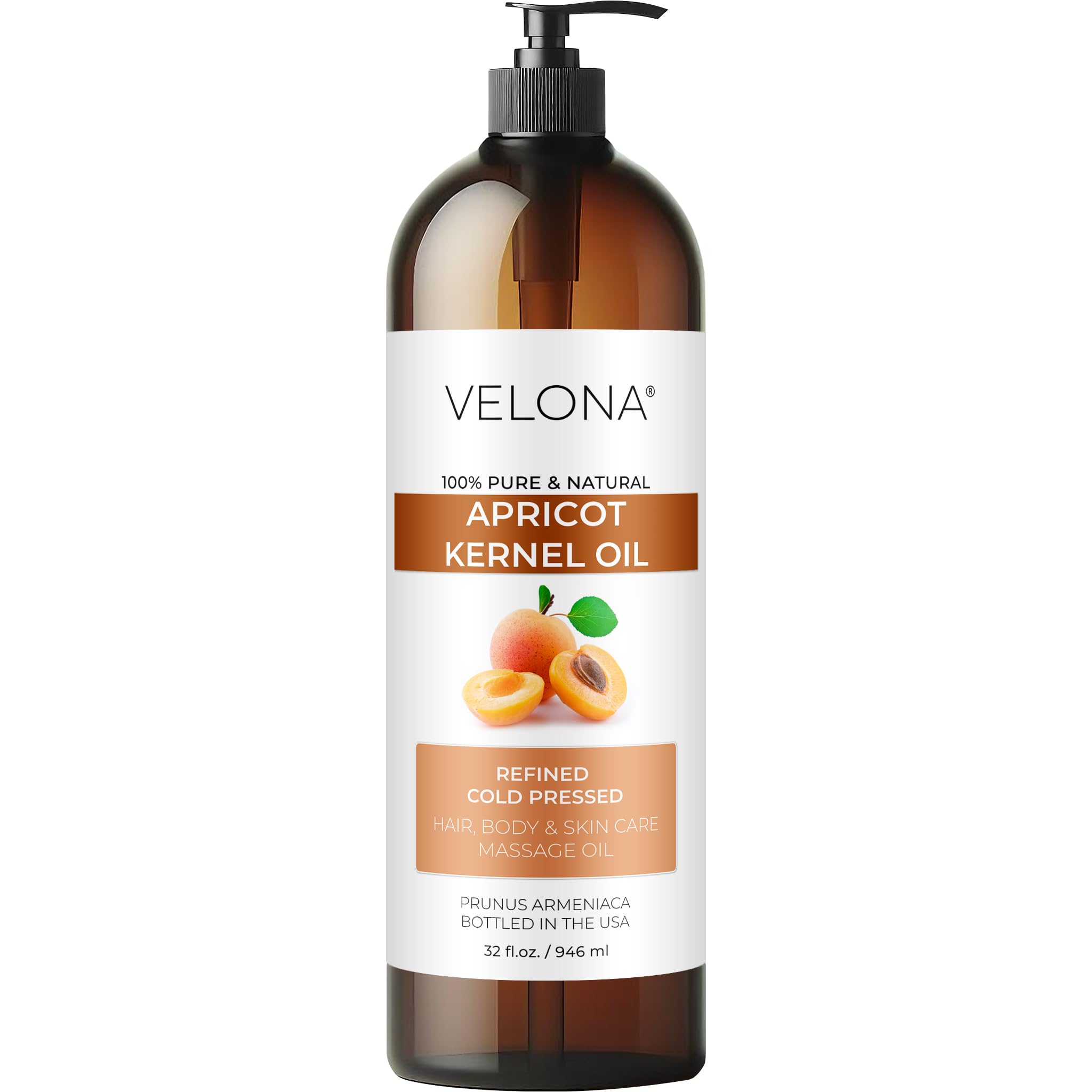 Velona Apricot Kernel Oil 32 oz — Pure Carrier Oil for Hair, Skin, Body