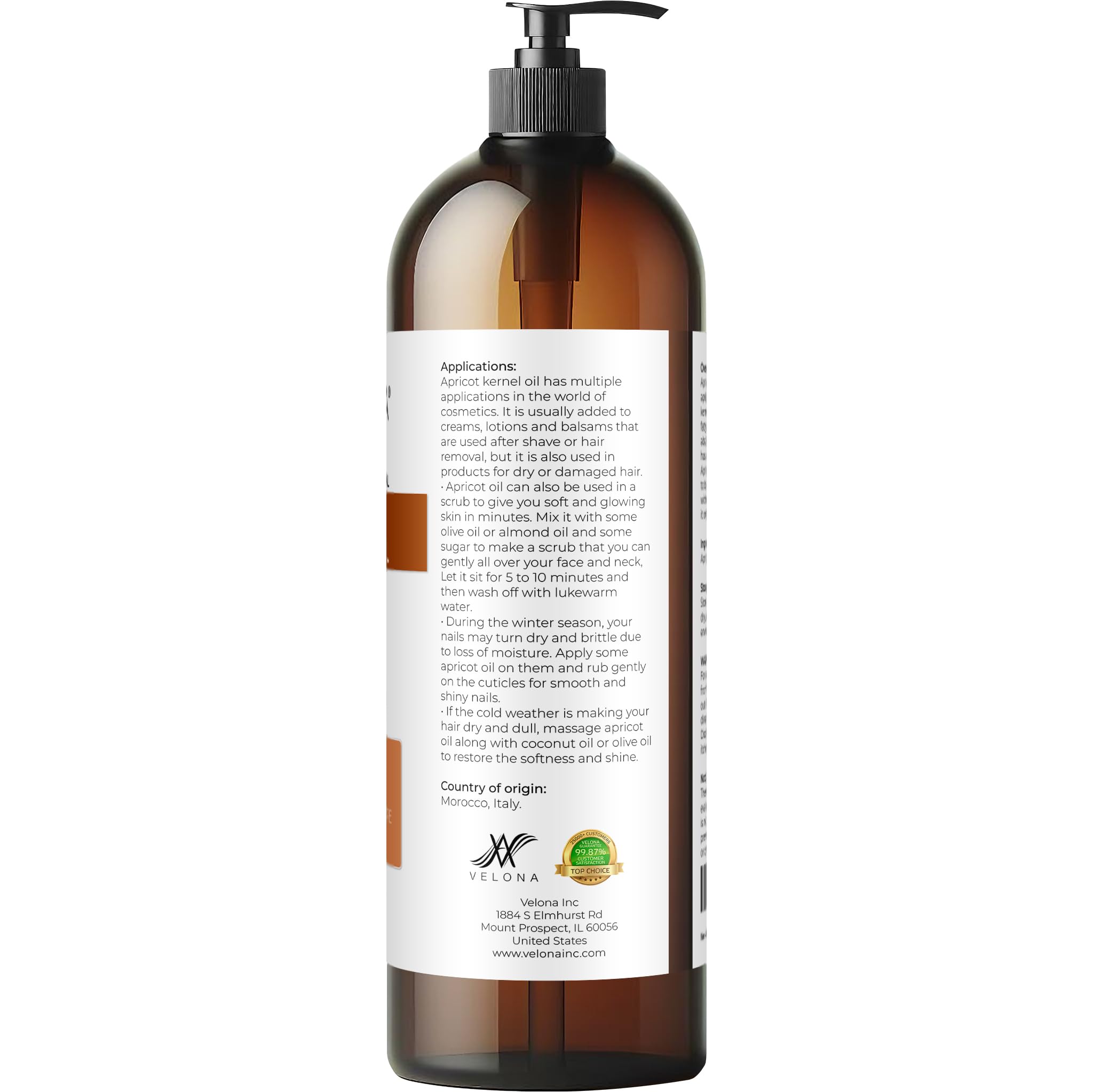 Velona Apricot Kernel Oil 32 oz — Pure Carrier Oil for Hair, Skin, Body