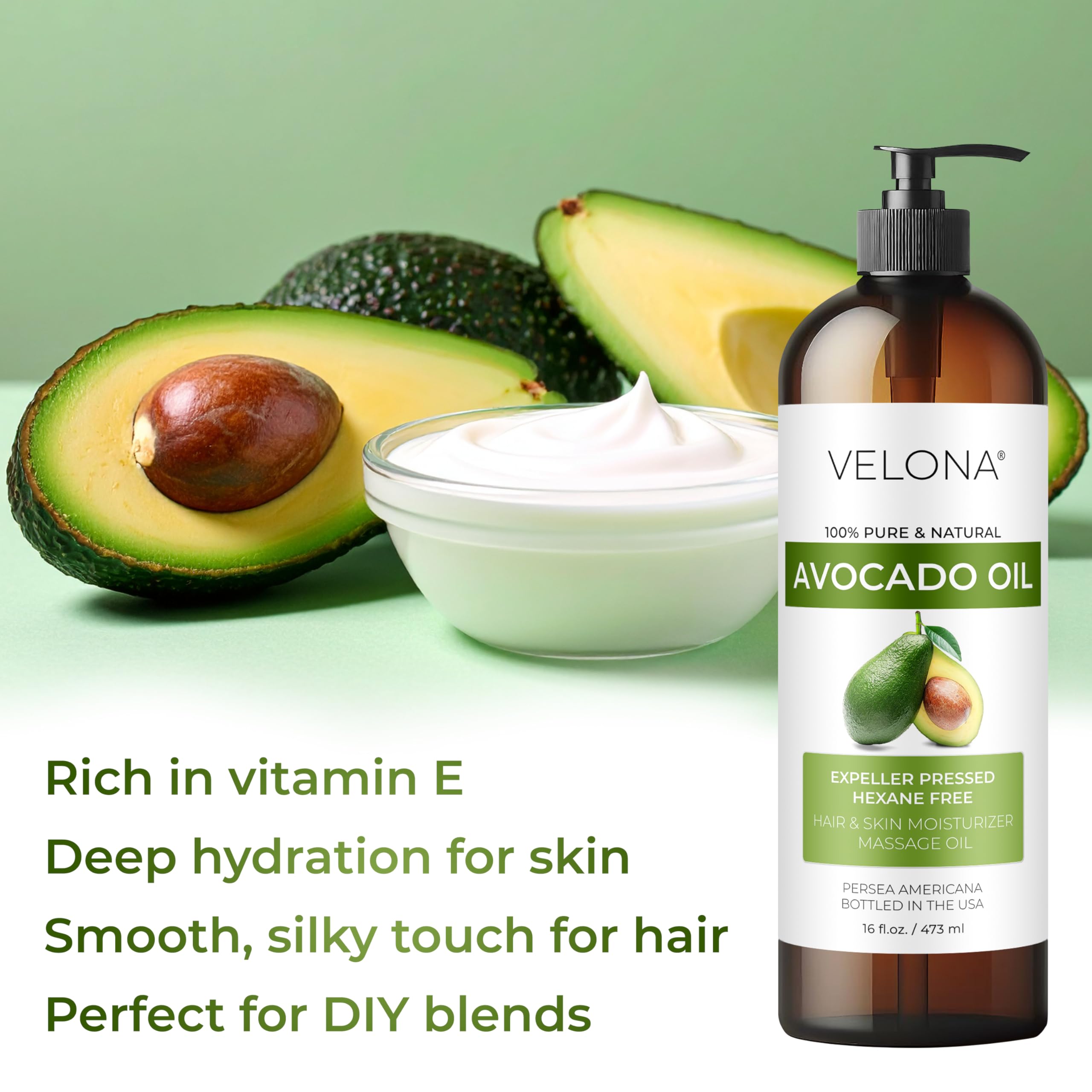 Velona Avocado Oil 64 Fl Oz | 100% Pure Carrier Oil, Expeller-Pressed, Fragrance-Free, USA Bottled
