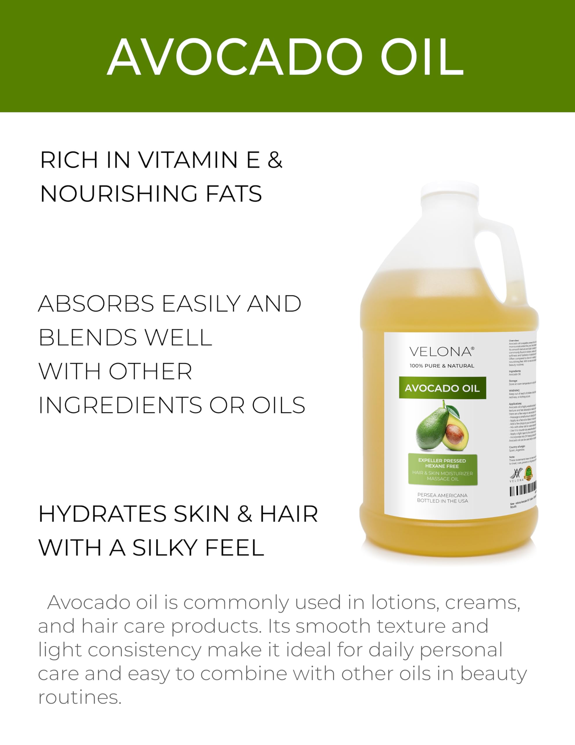 Velona Avocado Oil 64 Fl Oz | 100% Pure Carrier Oil, Expeller-Pressed, Fragrance-Free, USA Bottled