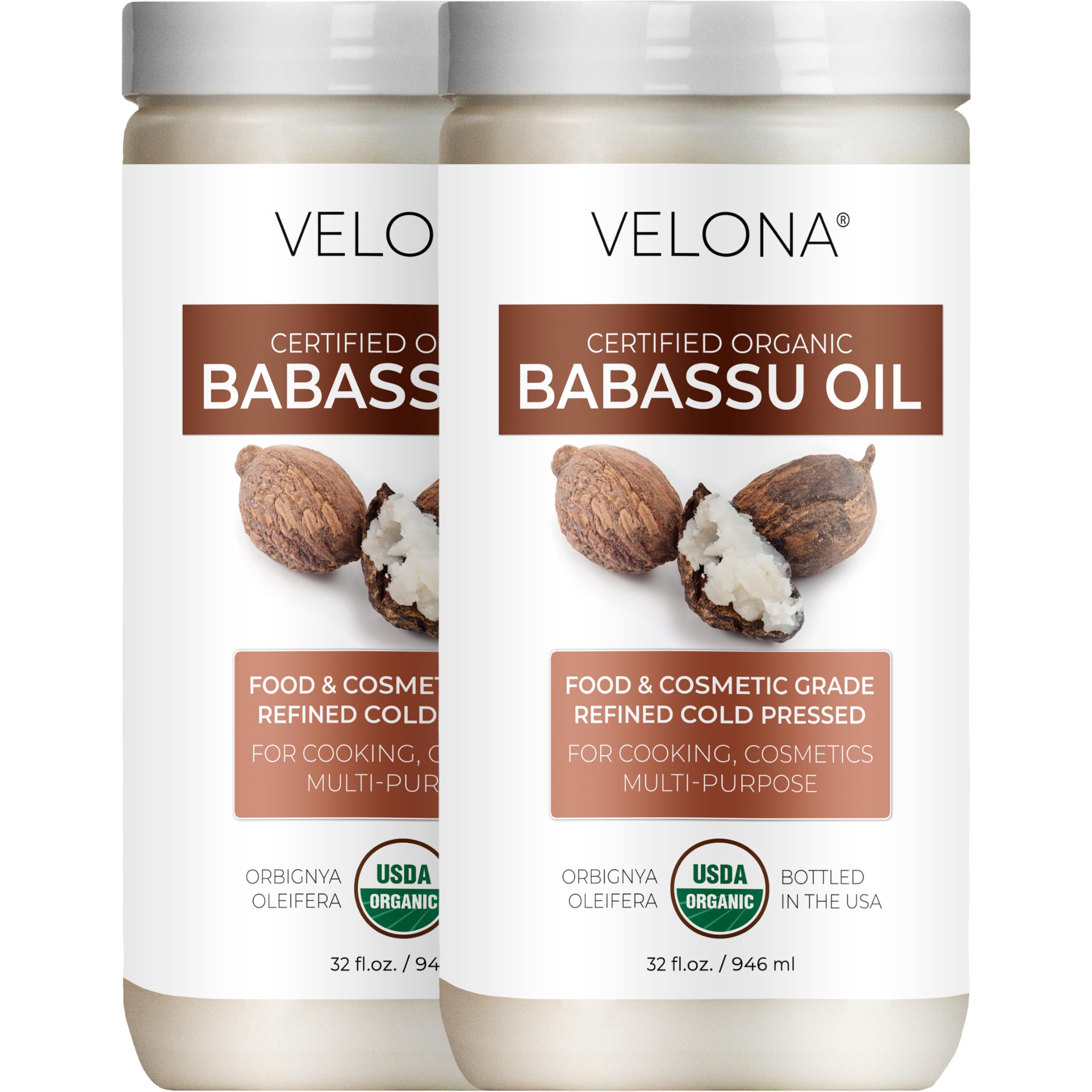 Velona Babassu Oil USDA Organic — 64 Fl Oz Pure Carrier Oil for Skin, Hair, Body & Cooking