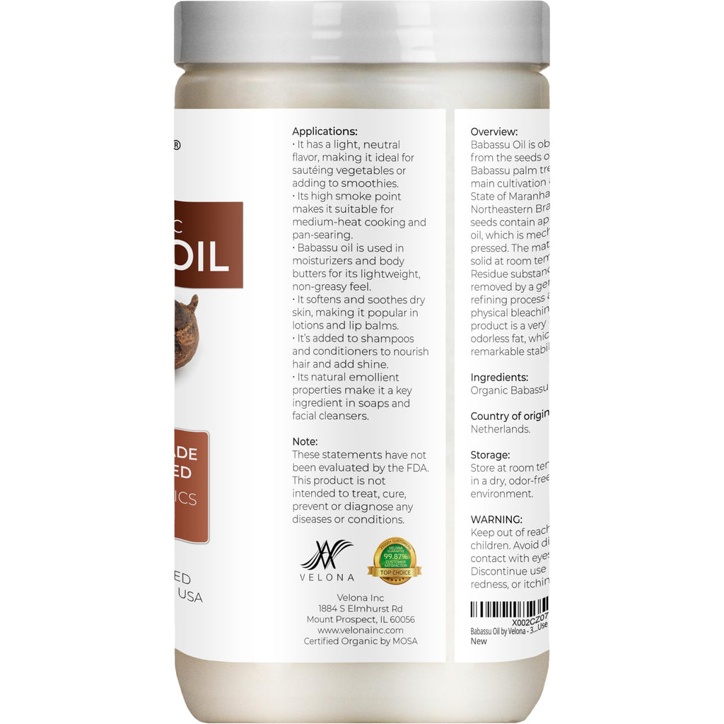 Velona Babassu Oil USDA Organic — 64 Fl Oz Pure Carrier Oil for Skin, Hair, Body & Cooking