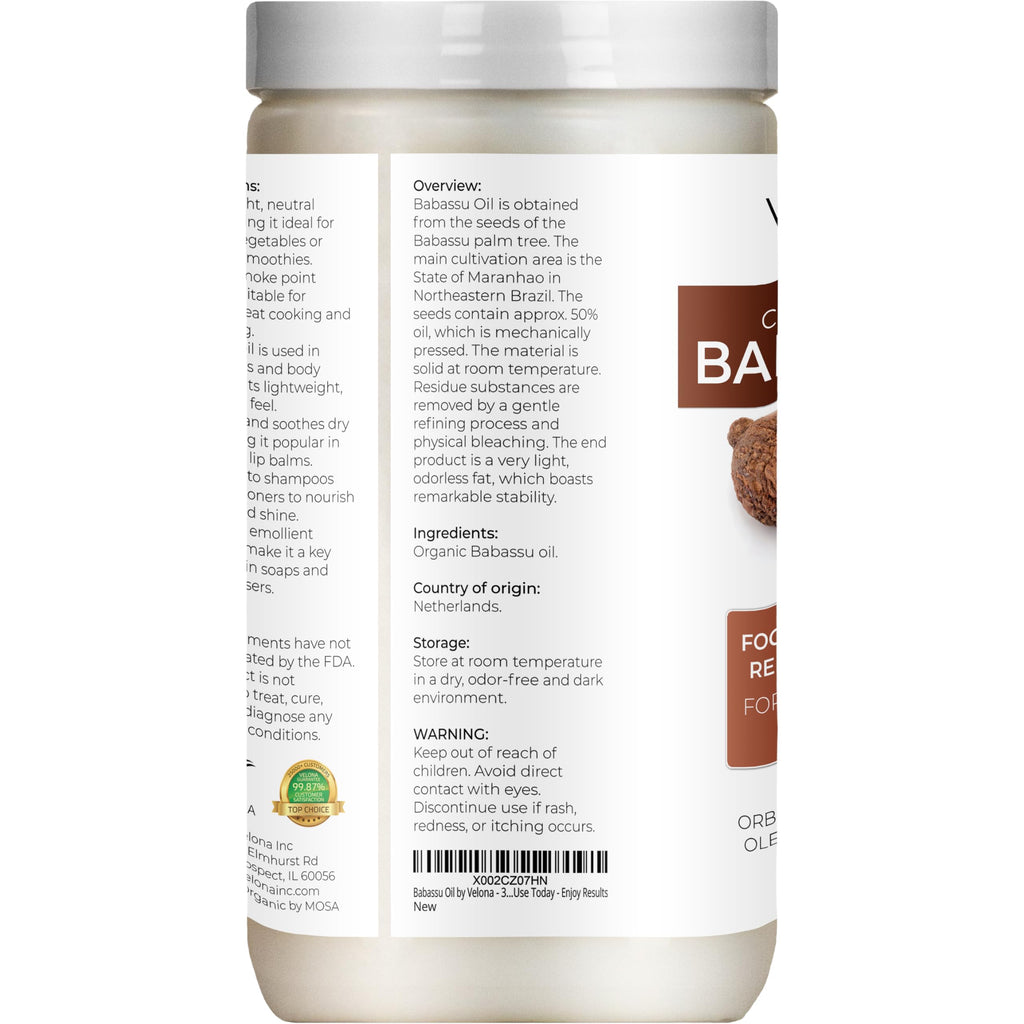 Velona Babassu Oil USDA Organic – 32 Fl Oz | Pure Carrier Oil for Skin, Hair & Cooking