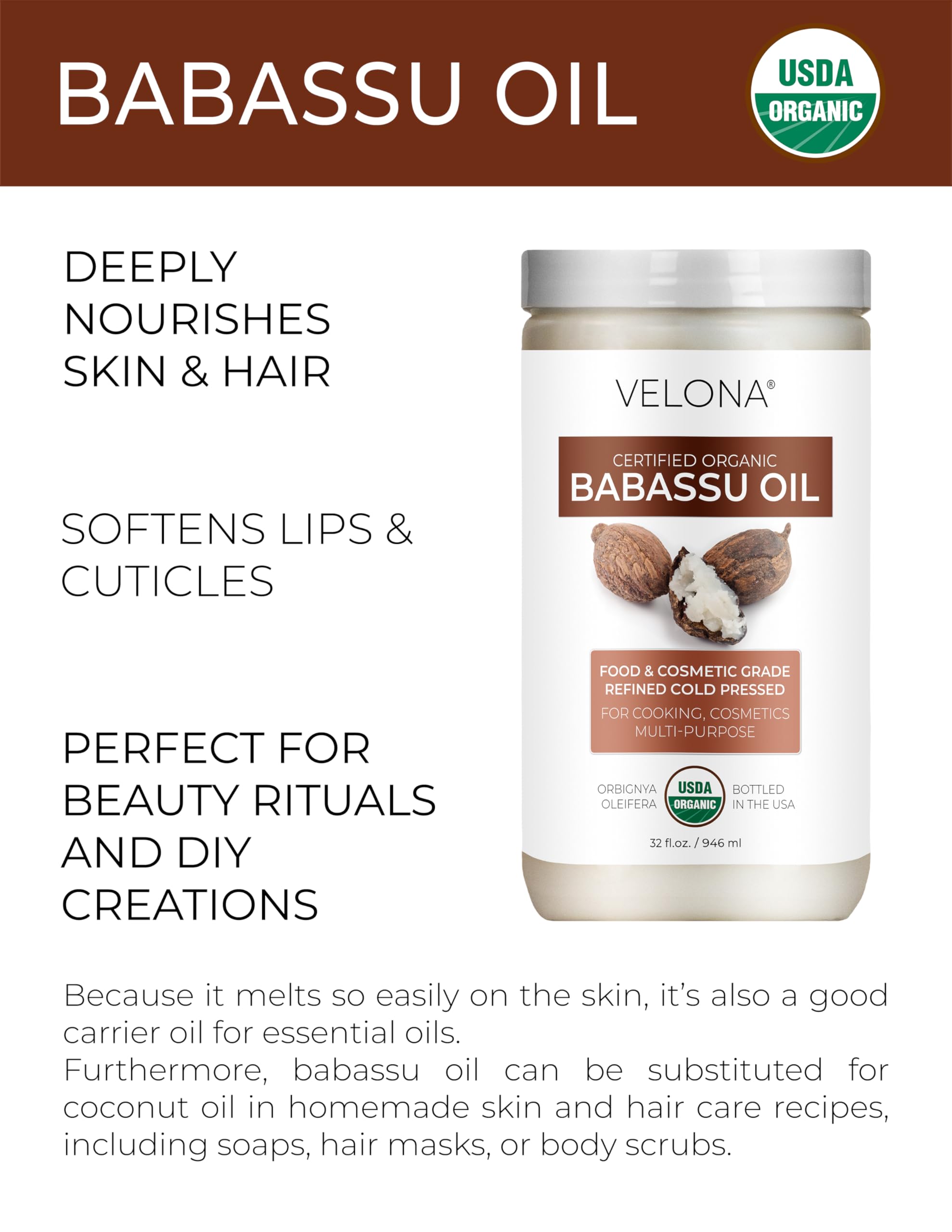 Velona Babassu Oil USDA Organic — 64 Fl Oz Pure Carrier Oil for Skin, Hair, Body & Cooking