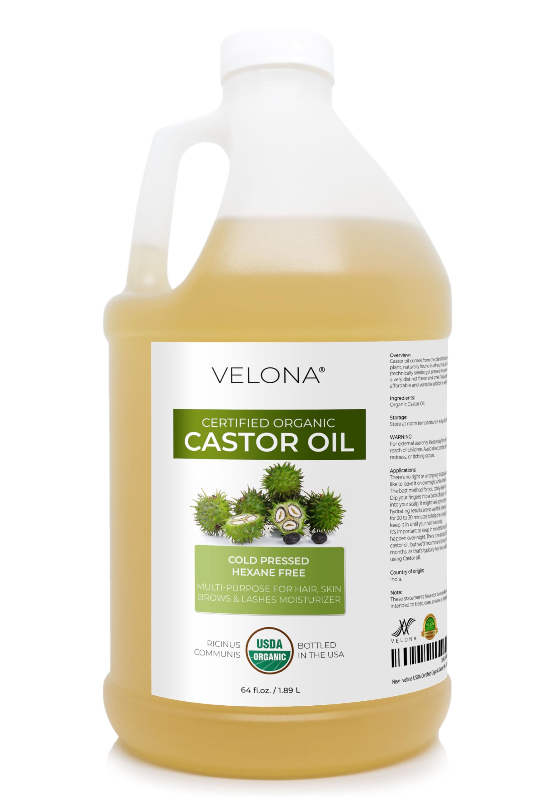 Velona USDA Organic Castor Oil 64 oz – Cold-Pressed, Hexane-Free, USP Grade | For Hair, Eyelashes, Brows